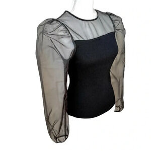 Black Sweater Top with Sheer Taffeta Long Balloon Sleeves Size S